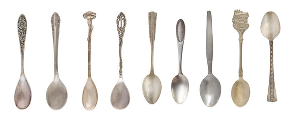 Vintage Tea Spoons isolated on a white background. Rustic style. Silverware.