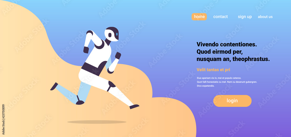 Poster modern robot running artificial intelligence technology concept flat horizontal copy space