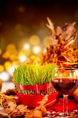 Christmas wheat and wine glass. Christmas orthodox celebration.