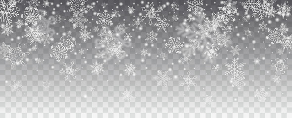 Vector snowfall, snowflakes of various shapes. Many white cold flaky elements on transparent background. White falling fly in the air.