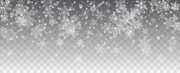 Fotobehang Vector snowfall, snowflakes of various shapes. Many white cold flaky elements on transparent background. White falling fly in the air. © samserius