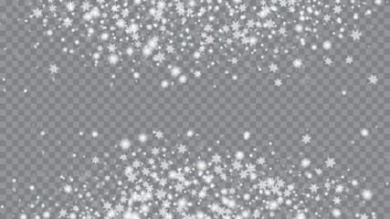 Glitter snowflakes background. Card or banner with flakes confetti scatter frame, snow elements. Festive illustration for christmas card. Transparent base.