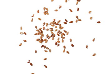 Flax seed, linseed pile isolated on white background, top view