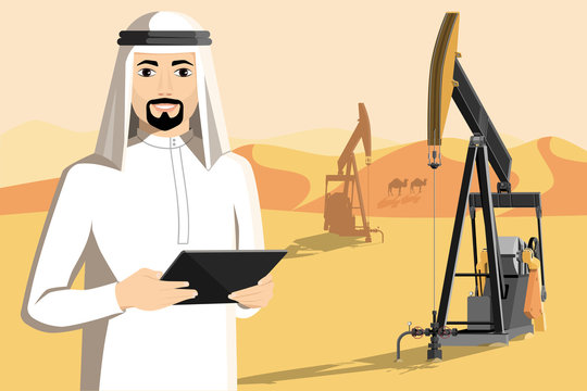 Arab businessman with tablet computer stands on the background of oil rigs in the desert. White screen, you can add your text here. Vector illustration