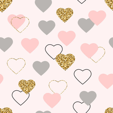 Heart glitter seamless pattern. Valentines Day background with glittering gold, pink, grey hearts. Golden hearts with sparkles and star dust. Wallpaper design with symbol of love. Vector illustration