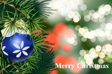 Fototapeta na wymiar Merry Christmas card with fir branch and Christmas ball Vector realistic. Soft bokeh loghts background. Product placement. Detailed 3d illustrations
