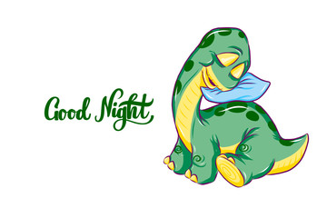 Sleeping baby dino with typography Good Night. Vector hand drawn illustration of small dinosaur. For poster, banner, logo, icon, greeting card. For nursery, print. Brontosaurus and lettering. Isolated