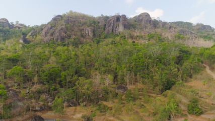 mountain landscape high cliffs mountains covered with green tropical forest. aerial view mountain forest with large trees and green grass. tropical landscape in asia Jawa, Indonesia