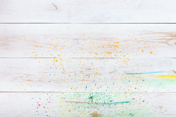 White wooden background with paint splashes, creative wood blank empty table desk plank board....
