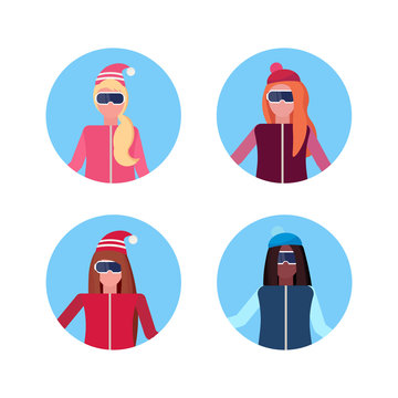 Set Women Face Avatar Mix Race Girl Wearing Ski Goggles Happy Female Cartoon Character Portrait Collection Isolated