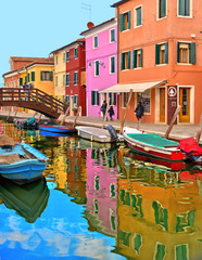 Fototapeta na wymiar Burano island picturesque street with small colored houses, tourists on wooden bridge and beautiful water reflections on canal. Venice Italy