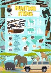Hunting sport items poster with weapon and animals