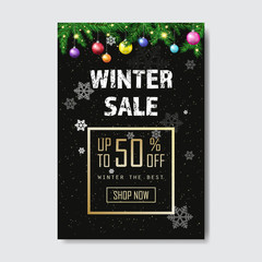 winter sale flyer design christmas balls fir tree branches season shopping template special discount offer concept black background vertical poster flat