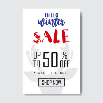 winter sale flyer design season shopping template special discount offer concept vertical poster reindeer background flat