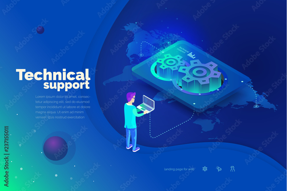 Poster technical support. a man interacts with a technical support system. global map of the world. technic