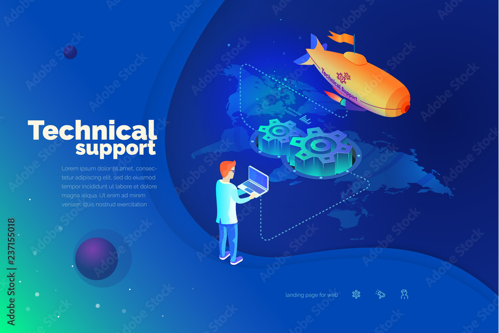 Poster technical support. a man interacts with a technical support system. global map of the world. technic