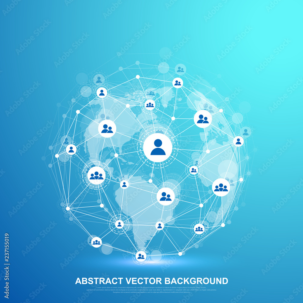 Aufkleber Global structure networking and data connection concept. Social network communication in the global computer networks. Internet technology. Business. Science. Vector illustration.