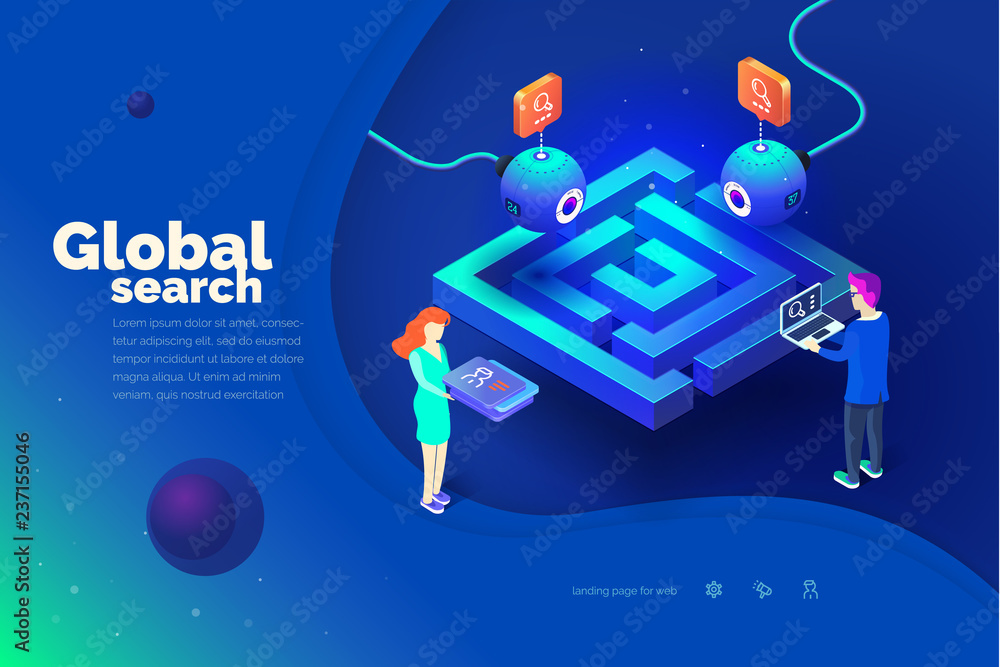Poster global search. a man with a laptop interacts with a global tracking system. data collection. world m