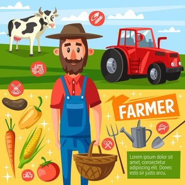 Farmer profession poster with farm harvest and cow