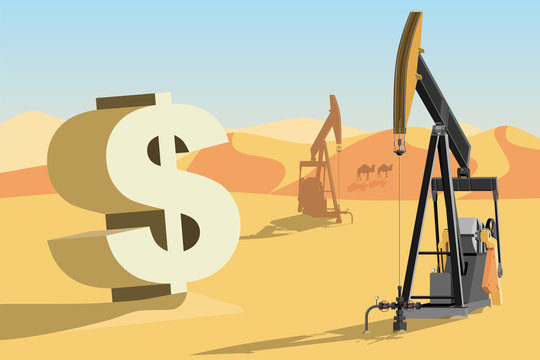 Oil rigs in the desert  and symbol of dollar. Vector illustration EPS 10