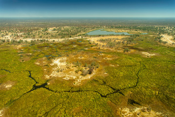 Aerial view of rivers, streams and grasslands in Okavango Delta, Botswana, Africa.