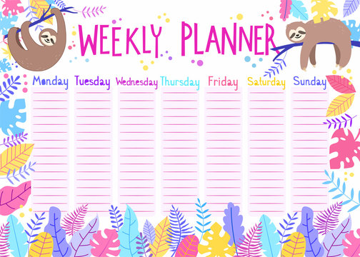 Weekly planner with cute sloth characters and tropical leaves in cartoon style. Kids schedule design template