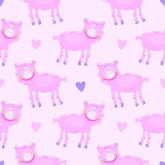 Vector hand-drawn illustration with pig in a village. Farm animal.