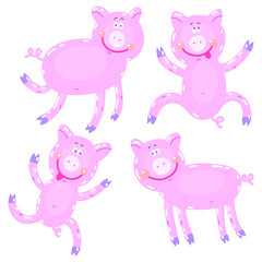 Vector hand-drawn illustration with pig in a village. Farm animal.