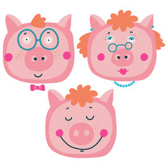 Vector hand-drawn illustration with pig in a village. Farm animal.