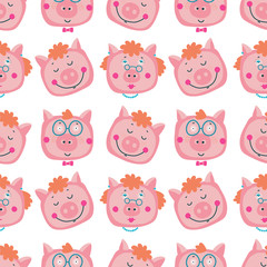 Vector hand-drawn illustration with pig in a village. Farm animal.