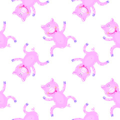 Vector hand-drawn illustration with pig in a village. Farm animal.