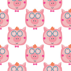 Vector hand-drawn illustration with pig in a village. Farm animal.