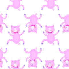 Vector hand-drawn illustration with pig in a village. Farm animal.