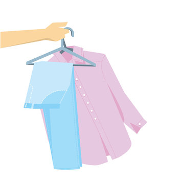 hand holding pink shirt and blue pants clip art preview