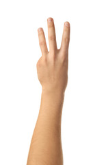 Male hand showing three fingers on white background
