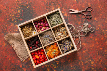 Wooden box with various dried flowers, herbs and rose hips on color table