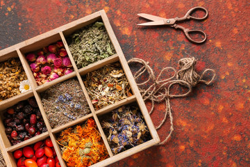 Wooden box with various dried flowers, herbs and rose hips on color table