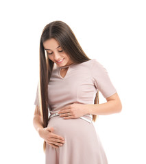 Beautiful pregnant woman on white background