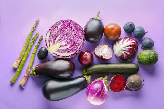 Various fresh vegetables with fruits on color background - Powered by Adobe