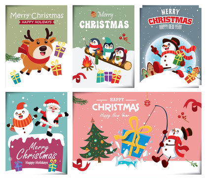 Vintage Christmas poster design with vector snowman, reindeer, penguin, Santa Claus, elf, fox characters.