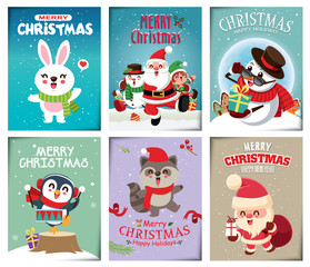 Vintage Christmas poster design with vector snowman, reindeer, penguin, Santa Claus, elf, rabbit, raccoon, characters.