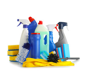 Cleaning supplies on white background
