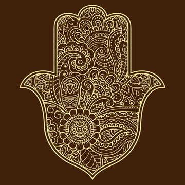 Hamsa hand drawn symbol with flower. Decorative pattern in oriental style for interior decoration and henna drawings. The ancient sign of "Hand of Fatima".