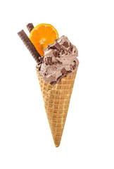 Waffle cone with delicious ice cream on white background