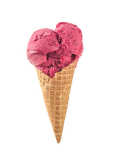 Waffle cone with delicious ice cream on white background