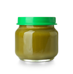 Glass jar with healthy baby food on white background
