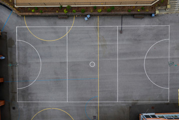 Aerial overhead view of an outdoor netball court