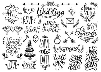 Drawn wedding set of laurels, rings, flowers, hearts etc. Vector handwritten phrases collection Save The Date, RSVP.