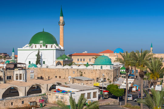 Street scene and the Al Jazzar Mosque in the old city of Akko (Acre), Israel.