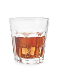 Glass of whisky with ice on white background